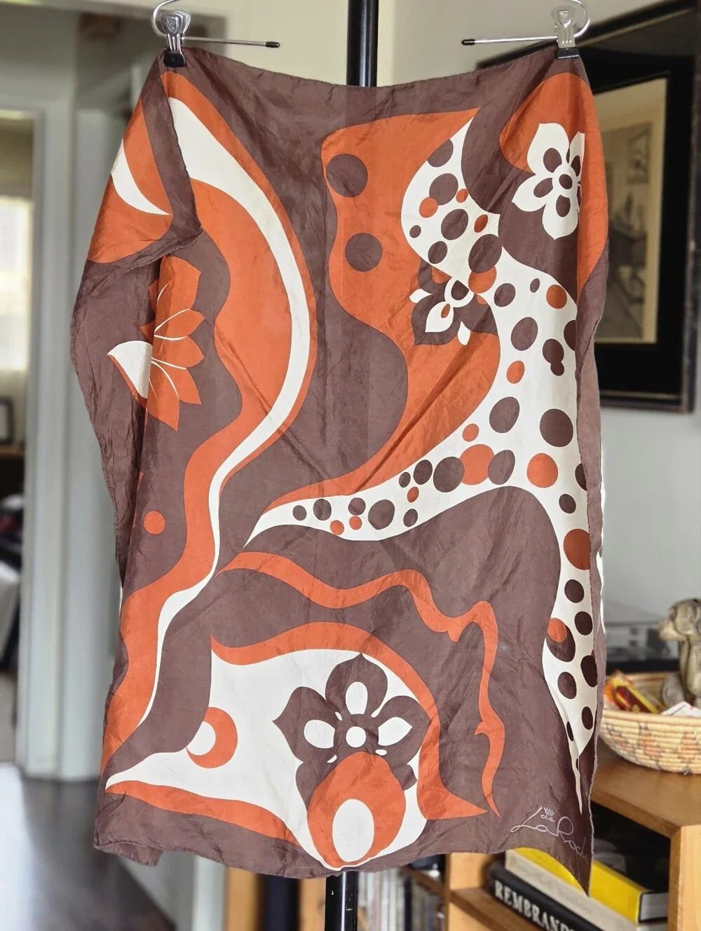De La Roche Vintage 70s Floral Silk Scarf - Parisian Chic - Orange Brown White